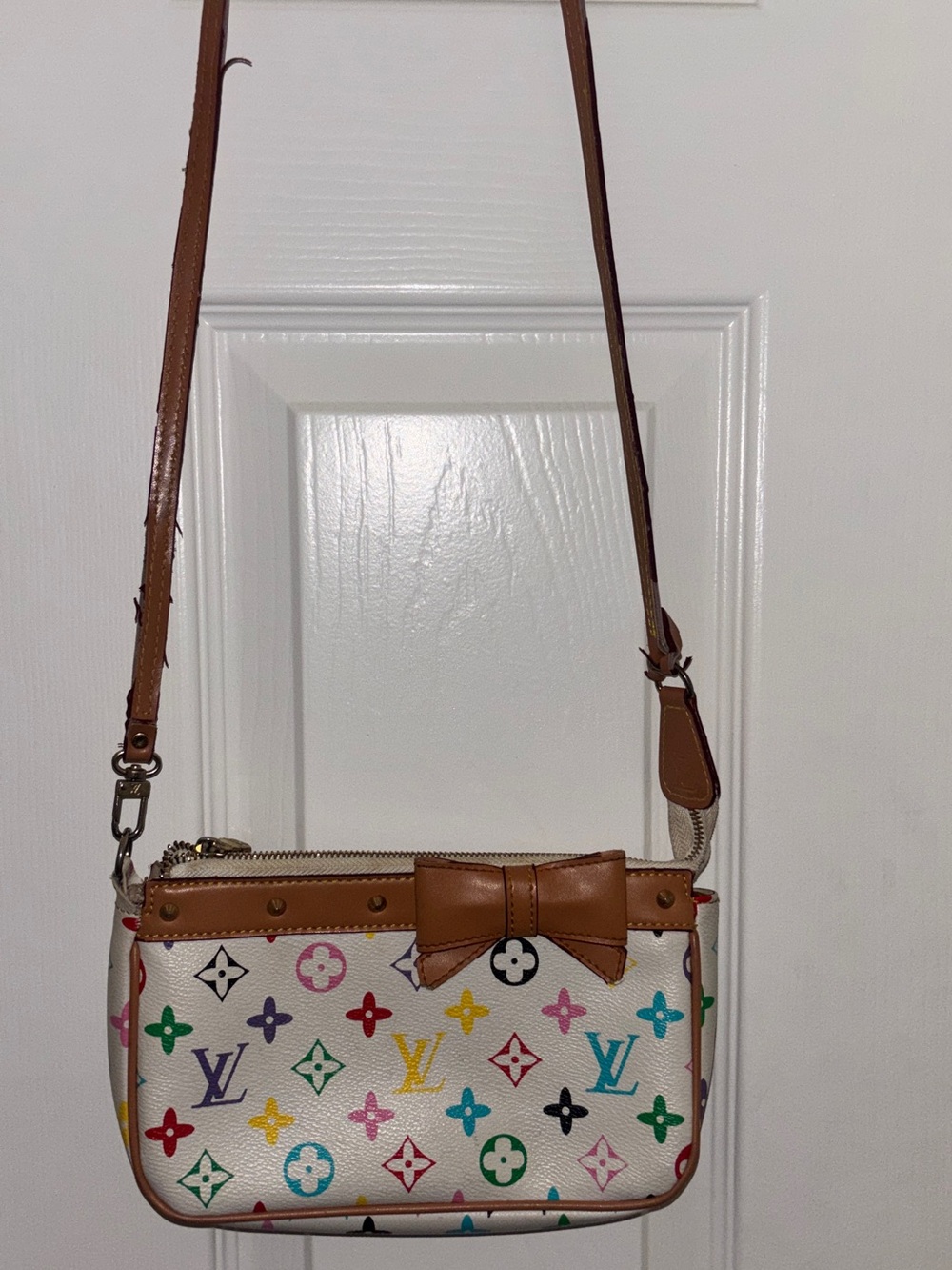 Louis Vuitton White Multicolor Monogram Mini Crossbody with Tan Bow Trim